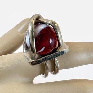Unique Ring, Sterling Silver, One of a Kind, Marble, Red, Fork, Vintage, Size 6
